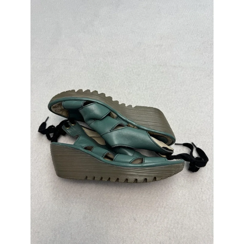 Fly London Wedge Sandals Women's Size 9 EU 40 Green Leather Slingback Lace Up